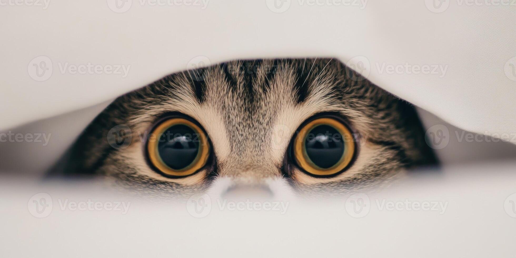 Cat peeking out from beneath a blanket in cozy home setting photo