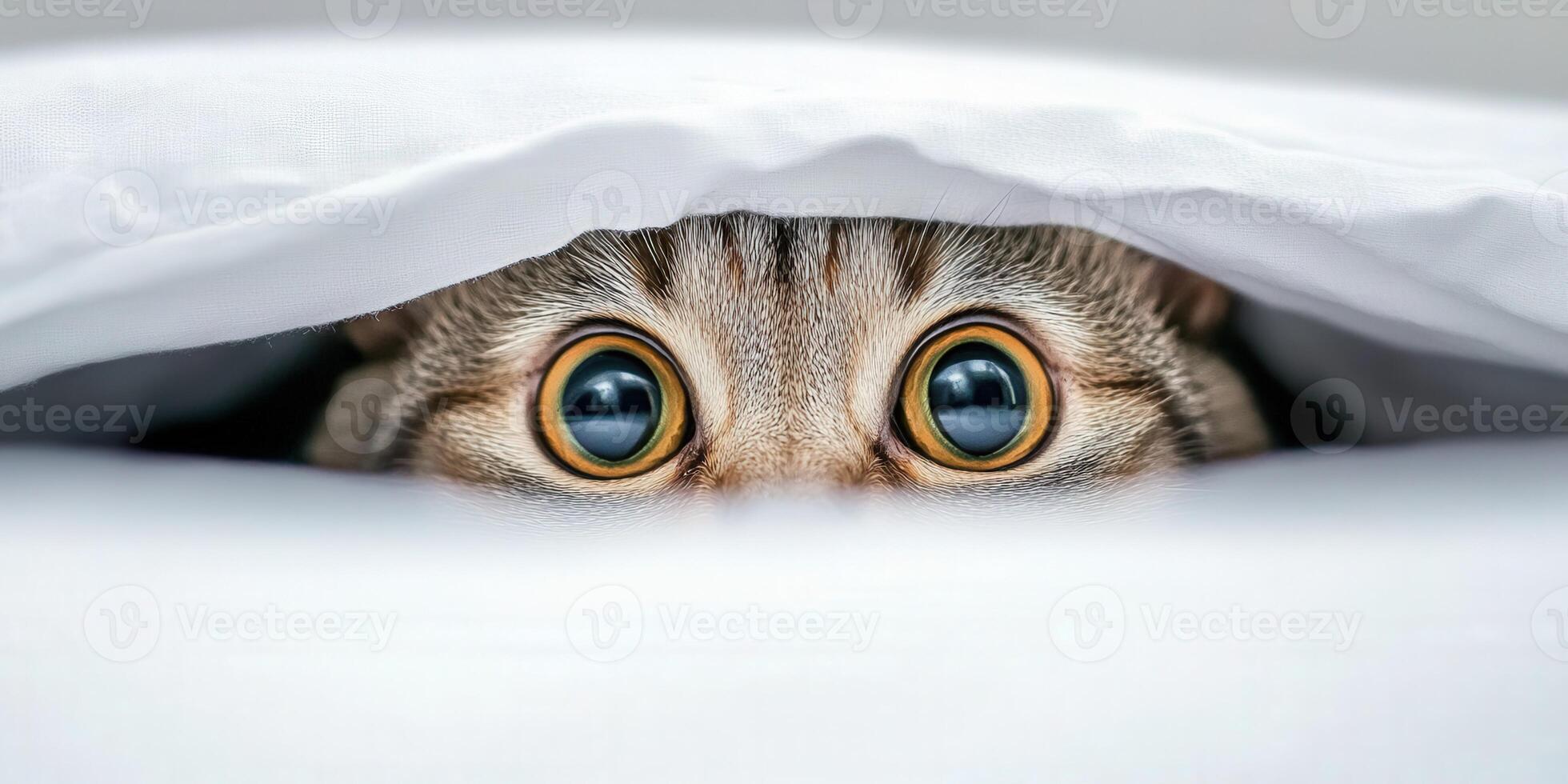 Curious cat peeks from under a blanket in cozy setting photo