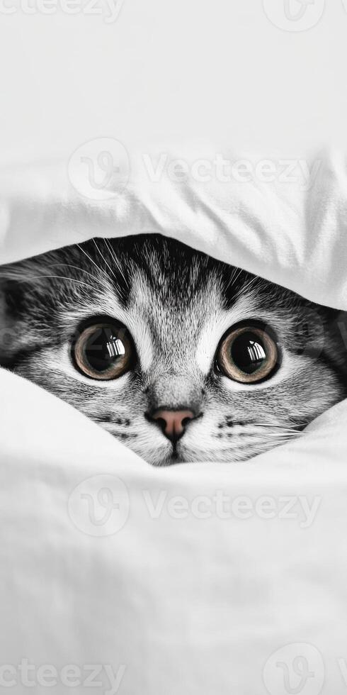 Curious cat peeking from behind white fabric photo