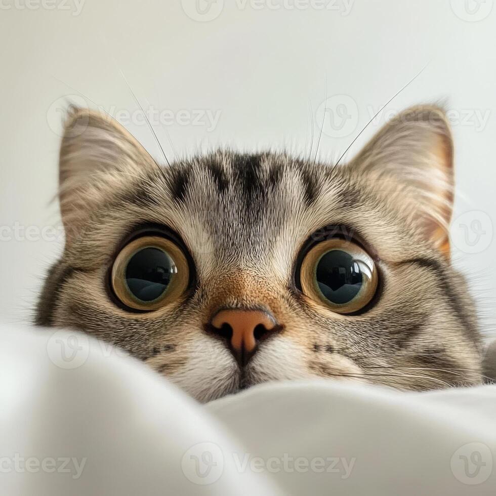 Curious cat peeking from under a blanket in a cozy space photo