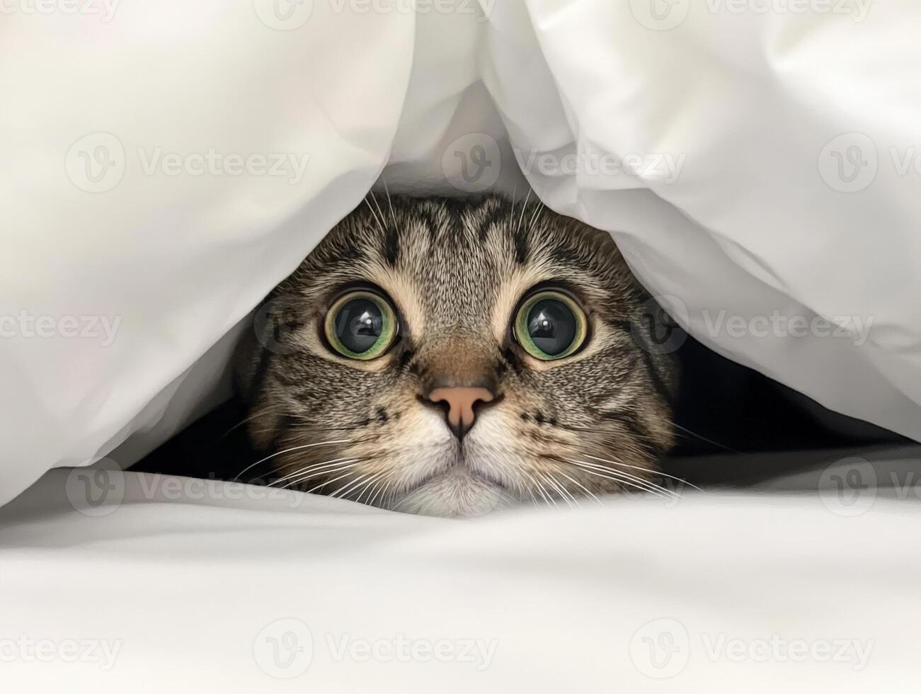 Curious cat peeking out from under a blanket in cozy space photo