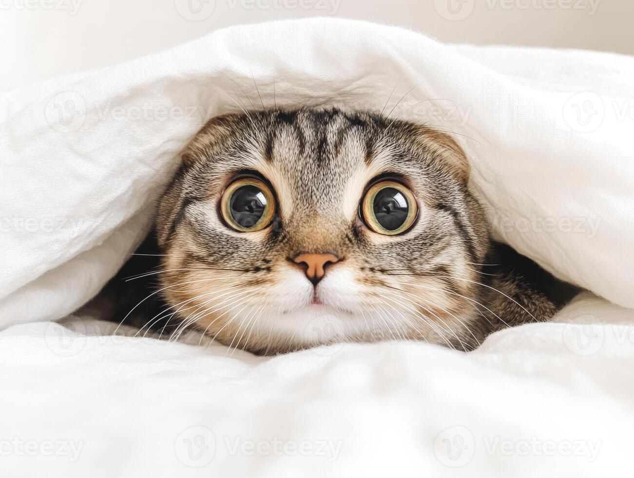 Curious cat peeks out from under a cozy blanket photo