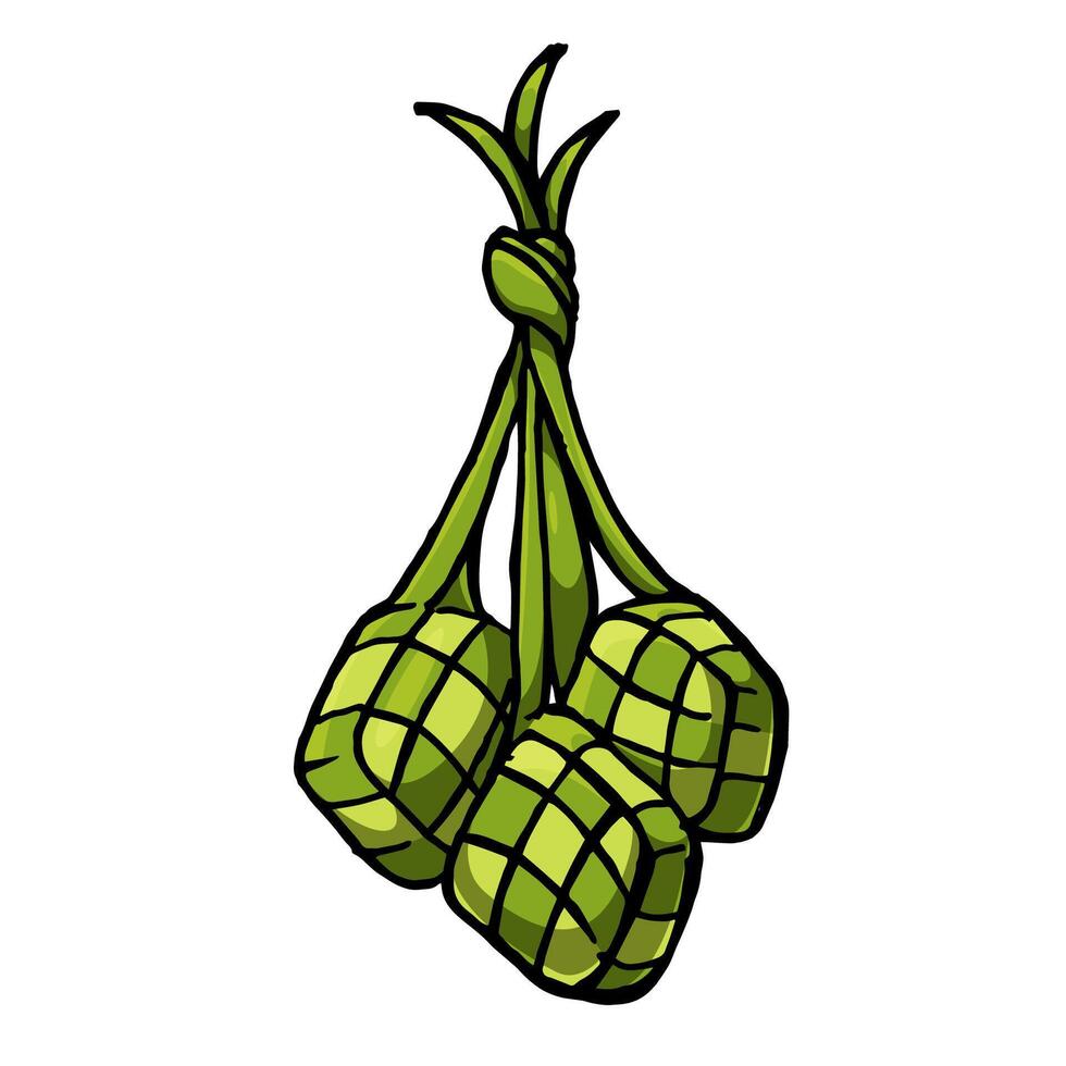 Illustration hand drawing of three ketupat, illustration of traditional Eid al-Fitr food. Eid food composition. Ramadan food design outline. Happy family on Eid Fitr vector
