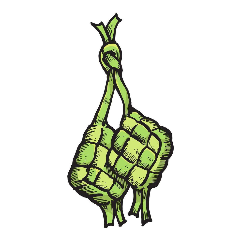 Hand drawing of two ketupat, illustration of traditional Eid al-Fitr food. Eid food composition. Ramadan food design outline. Happy family on Eid Fitr vector