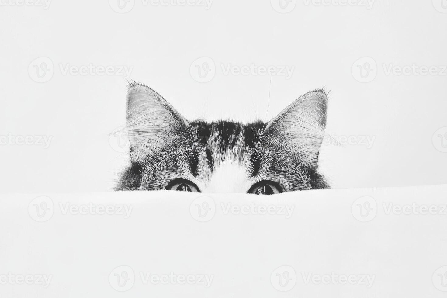 Curious cat peeking over a white surface in a cozy space photo