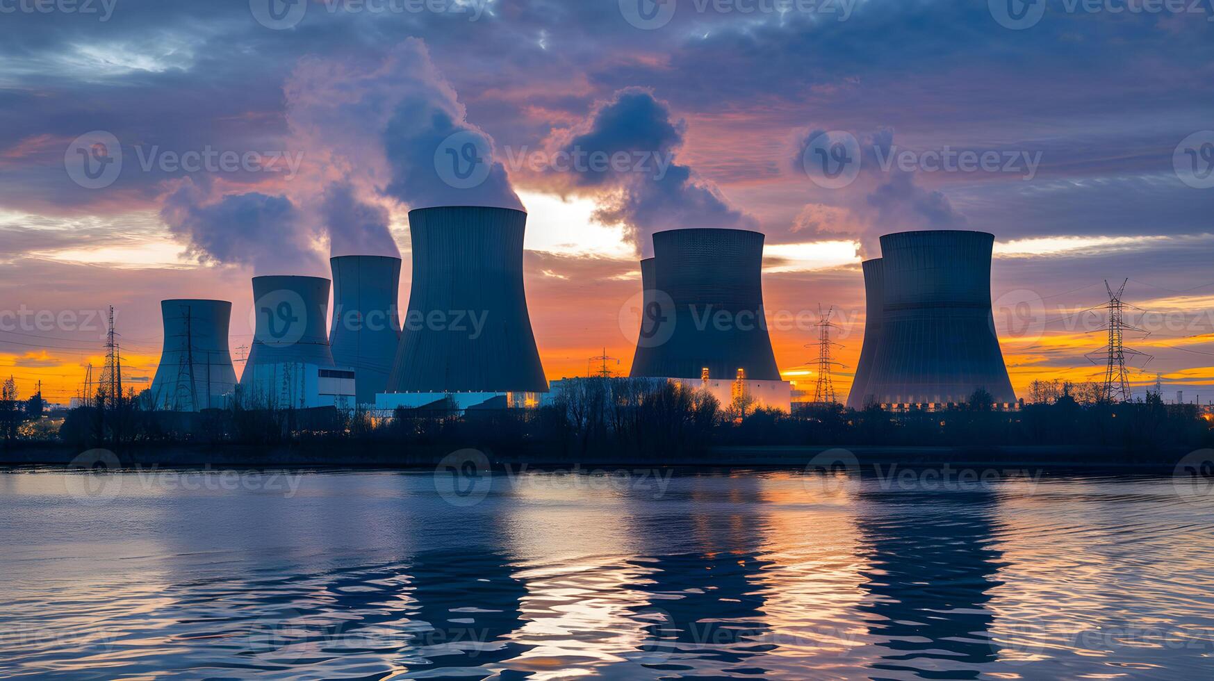 Nuclear power plant generating electricity at sunset reflecting on water photo