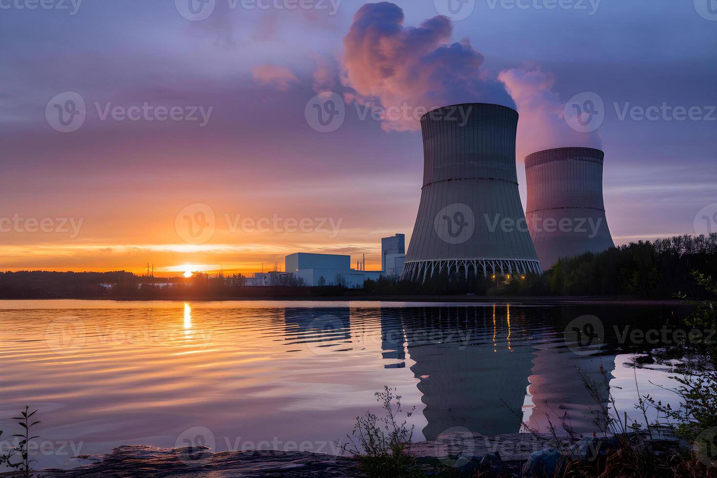 Nuclear power plant cooling towers reflecting in water at sunset photo
