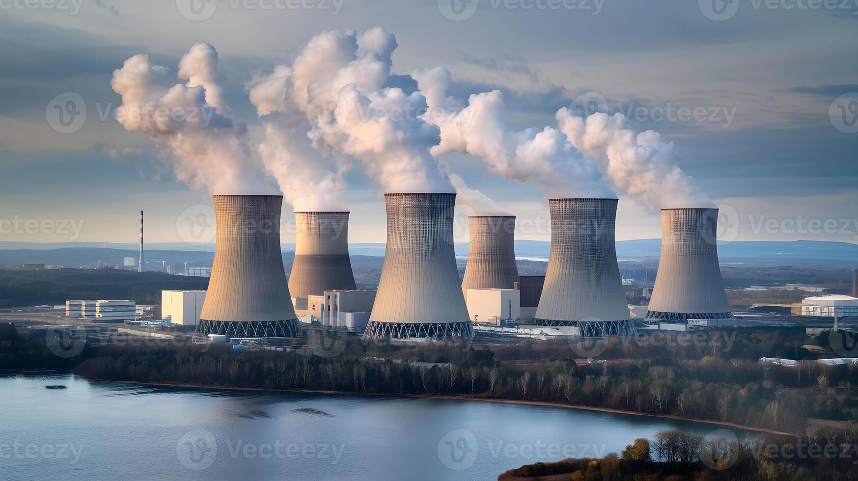 Nuclear power plant cooling towers emitting steam into atmosphere. photo
