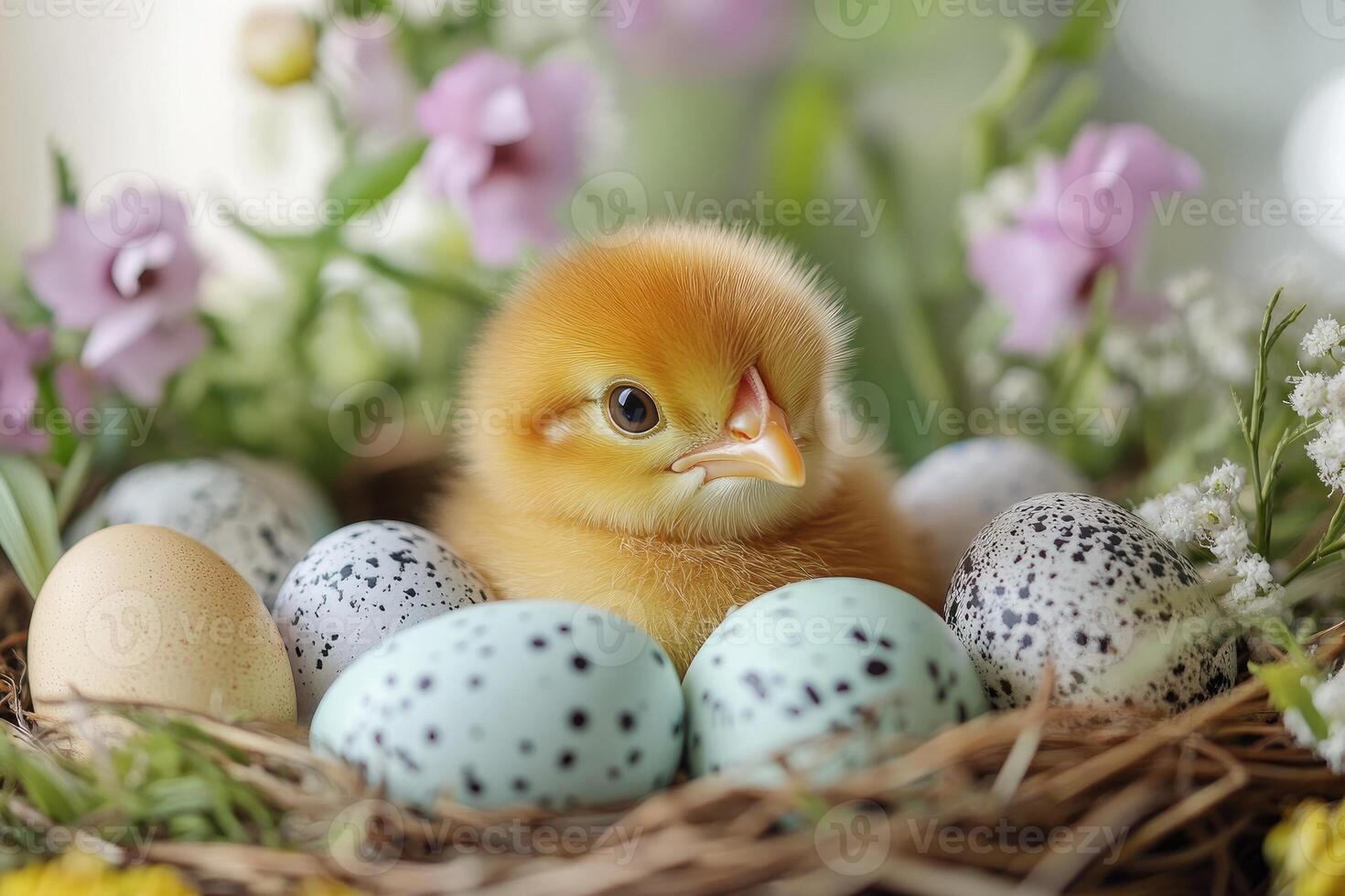 Little chick resting in nest with easter eggs and flowers photo