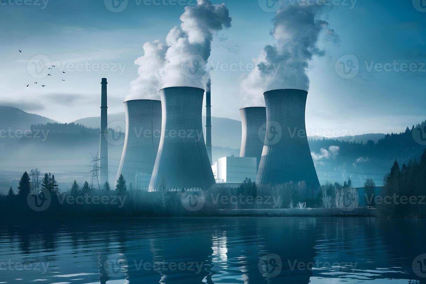 Nuclear power plant cooling towers emitting smoke into atmosphere by the river photo
