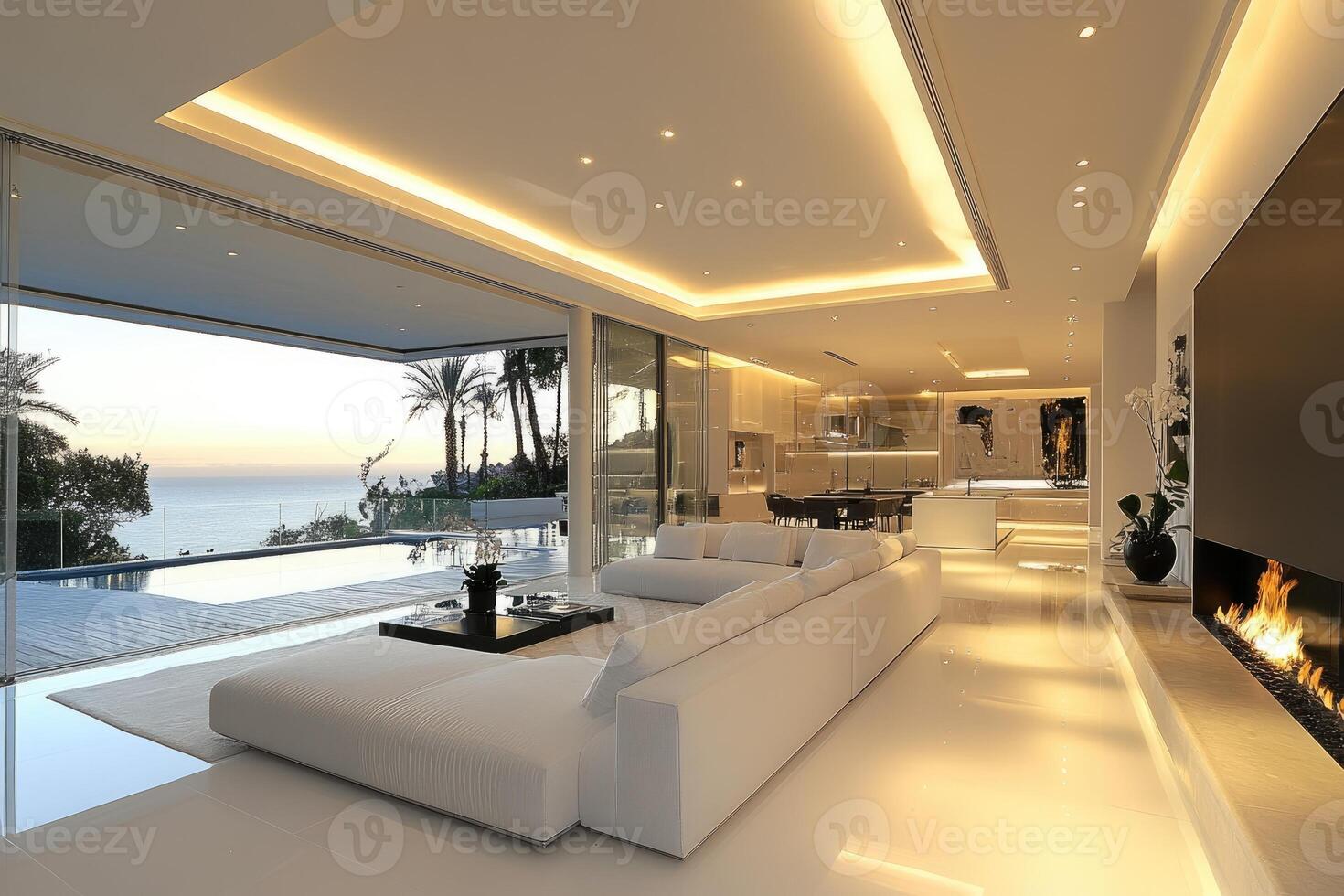 Modern open plan living room overlooking infinity pool and ocean at sunset photo