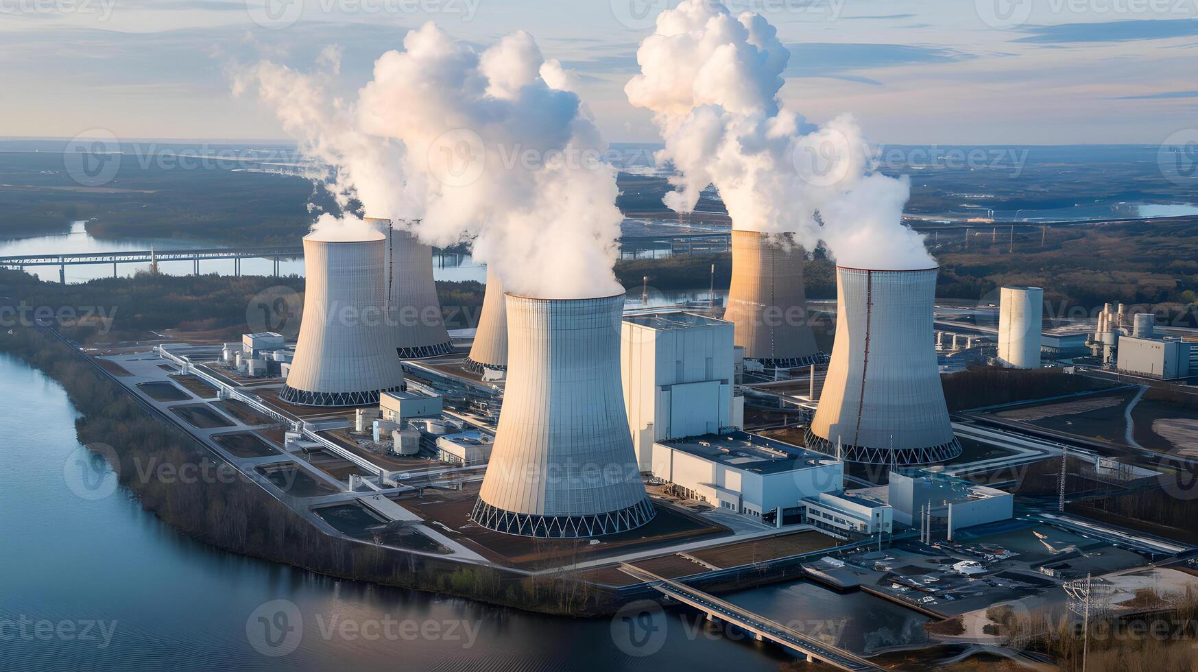 Nuclear power plant cooling towers emitting steam. photo
