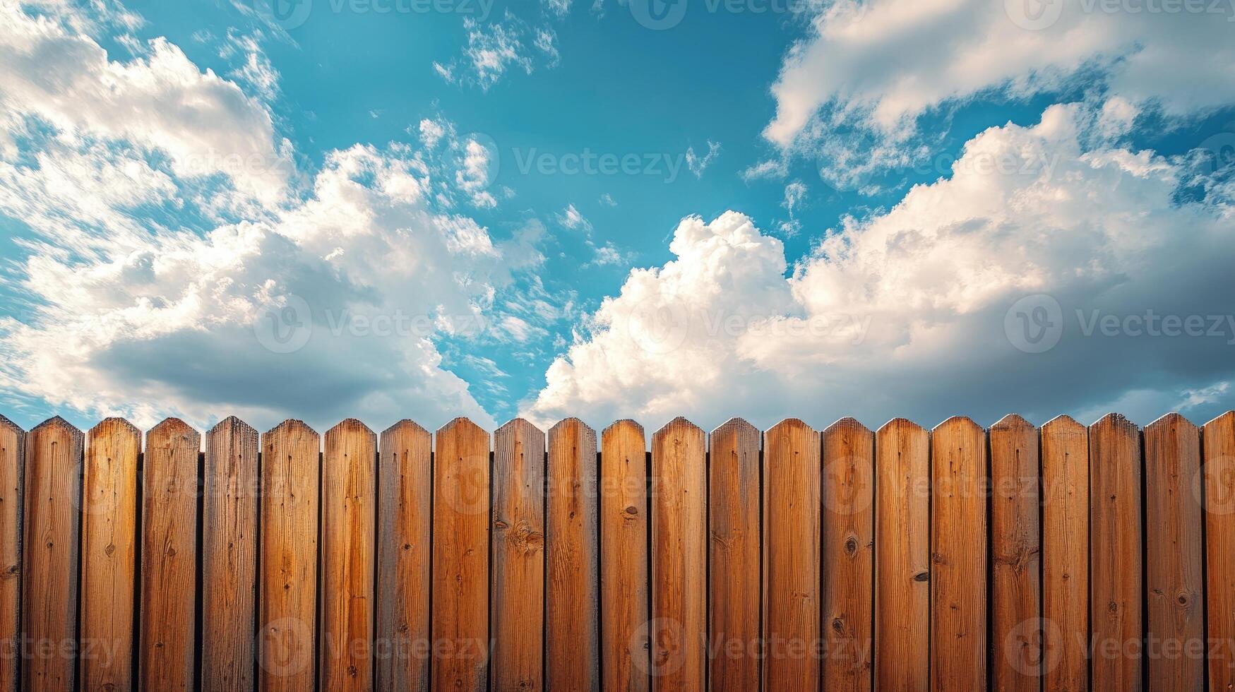 Wooden picket fence under cloudy blue sky, representing security and privacy. photo