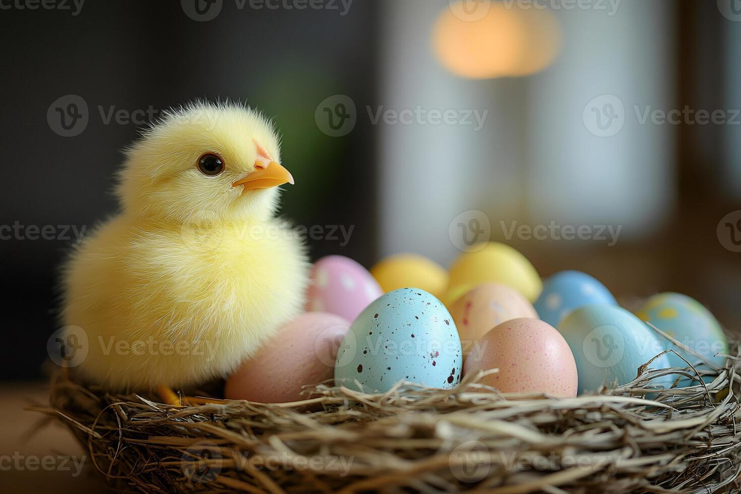Cute chick standing in nest with colorful easter eggs photo