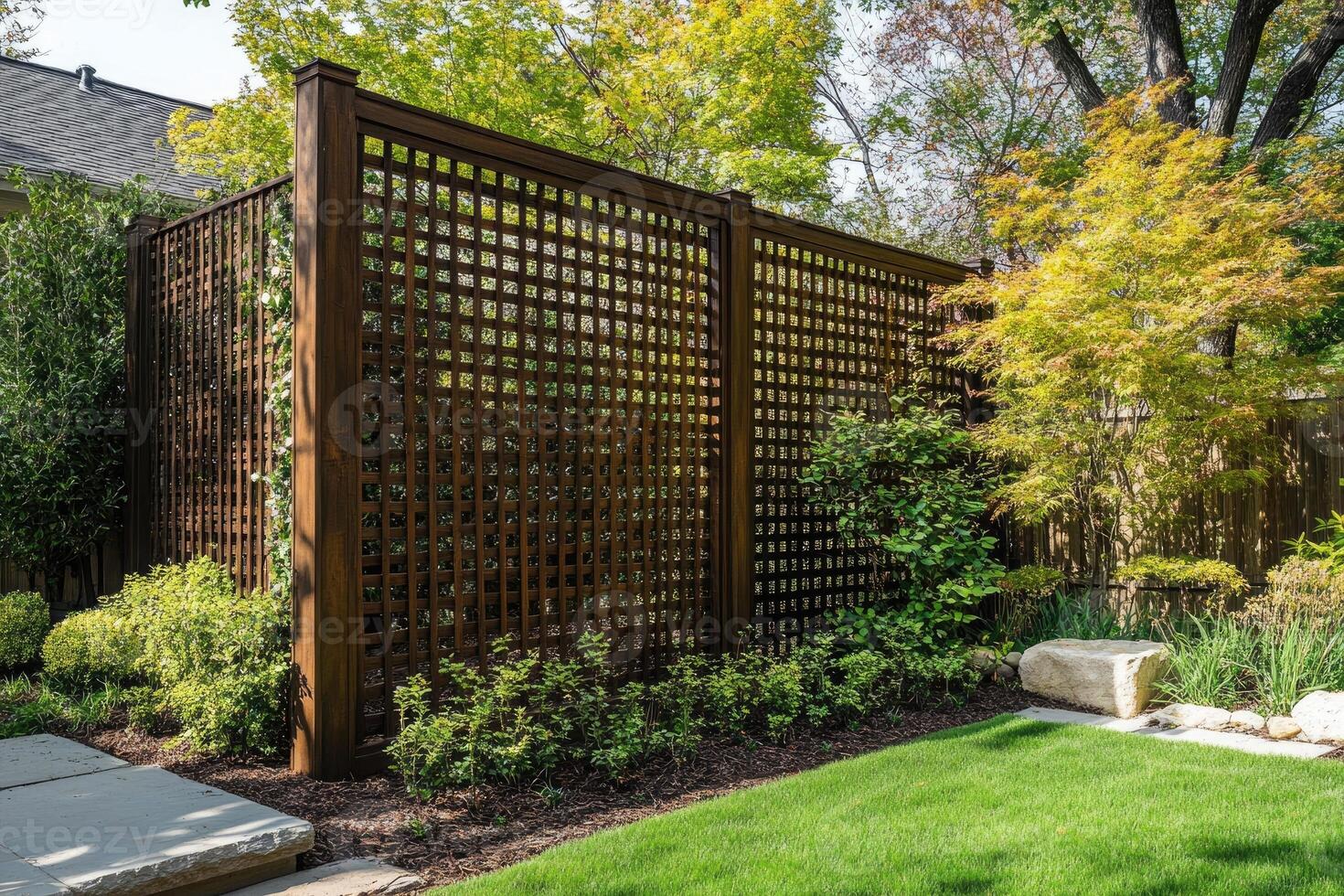 Wooden trellis creating privacy in lush garden setting photo