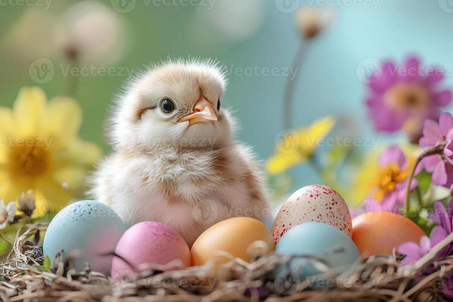Cute chick sitting in nest with colorful easter eggs and flowers photo