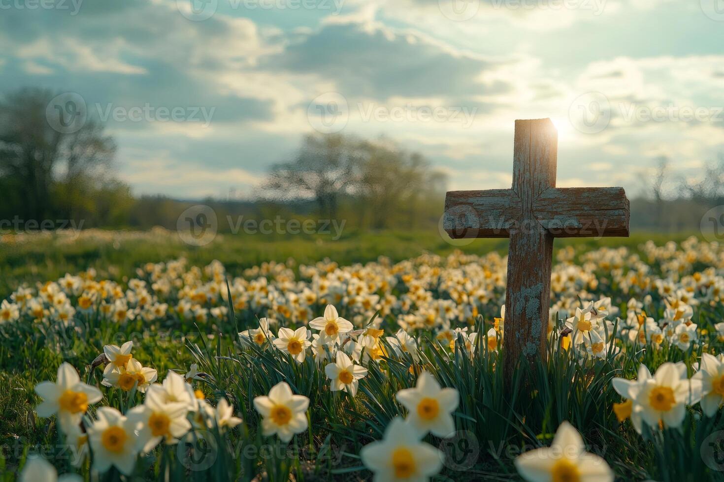 Wooden cross standing in field of daffodils at sunset symbolizing hope and resurrection photo