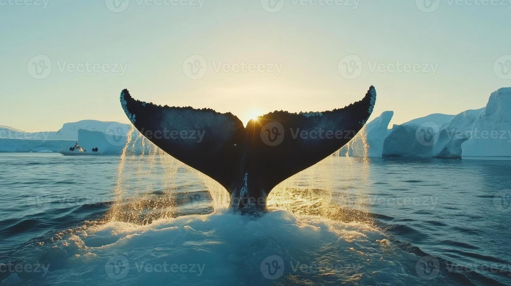 Majestic humpback whale diving in arctic waters at sunset photo
