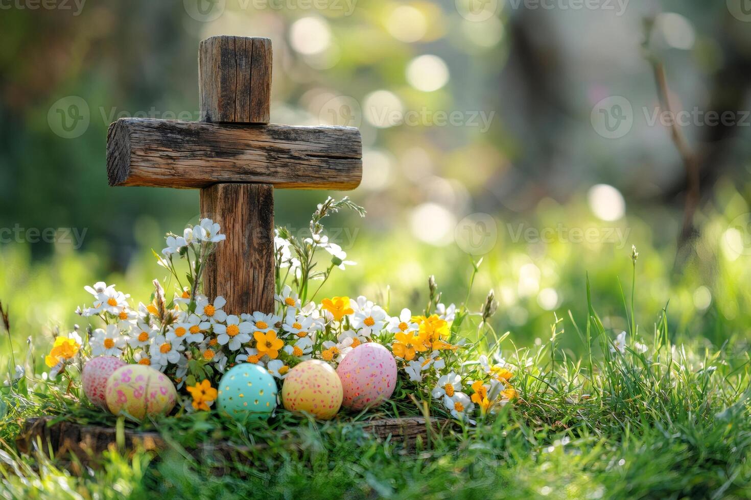 Wooden cross standing in grass with easter eggs and flowers symbolizing resurrection and new life photo