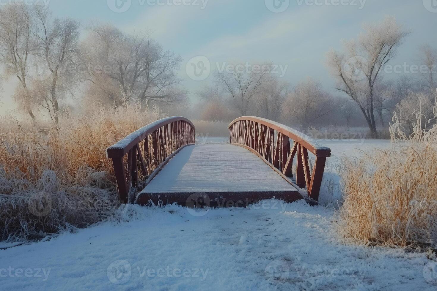 Small red bridge covered with snow in a winter park photo