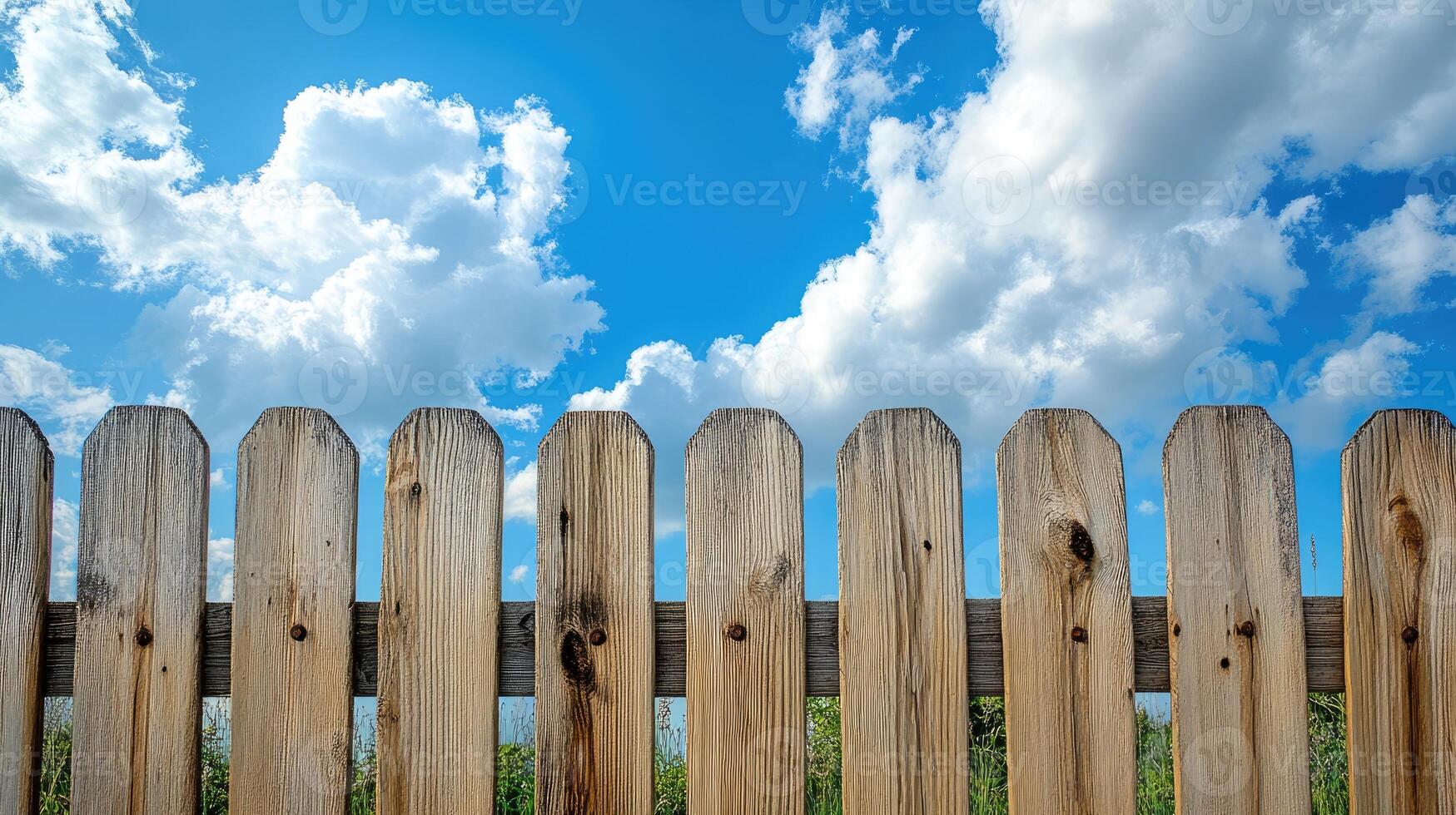 Wooden picket fence under cloudy blue sky. photo