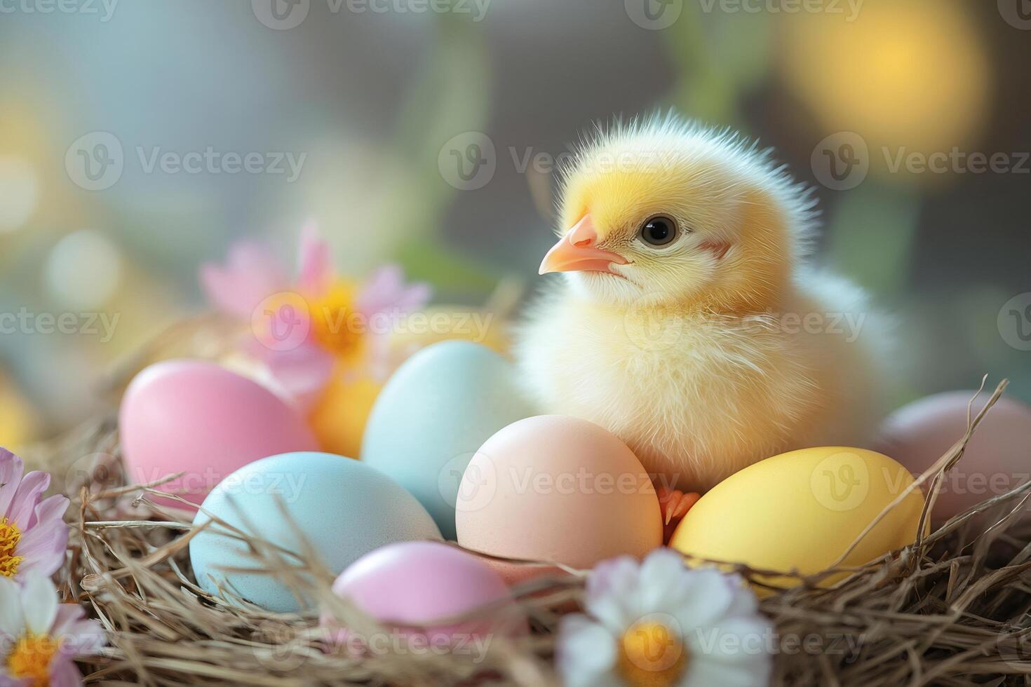 Cute baby chick sitting on colorful easter eggs in a nest photo