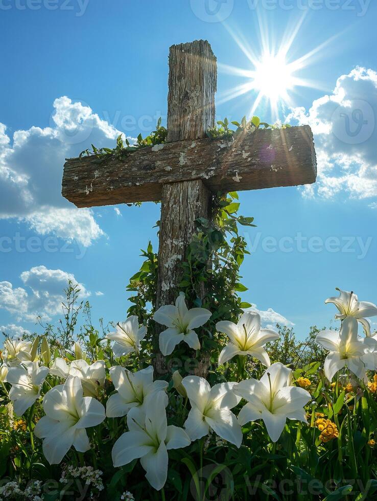 Wooden cross standing in field of lilies with sun shining brightly photo