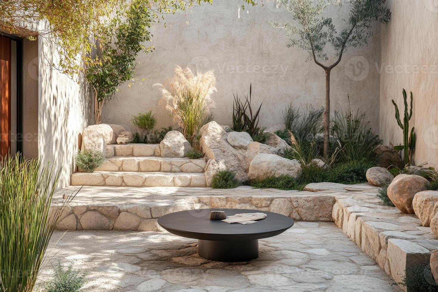 Modern minimalist patio featuring stone steps, lush plants, and a circular coffee table photo
