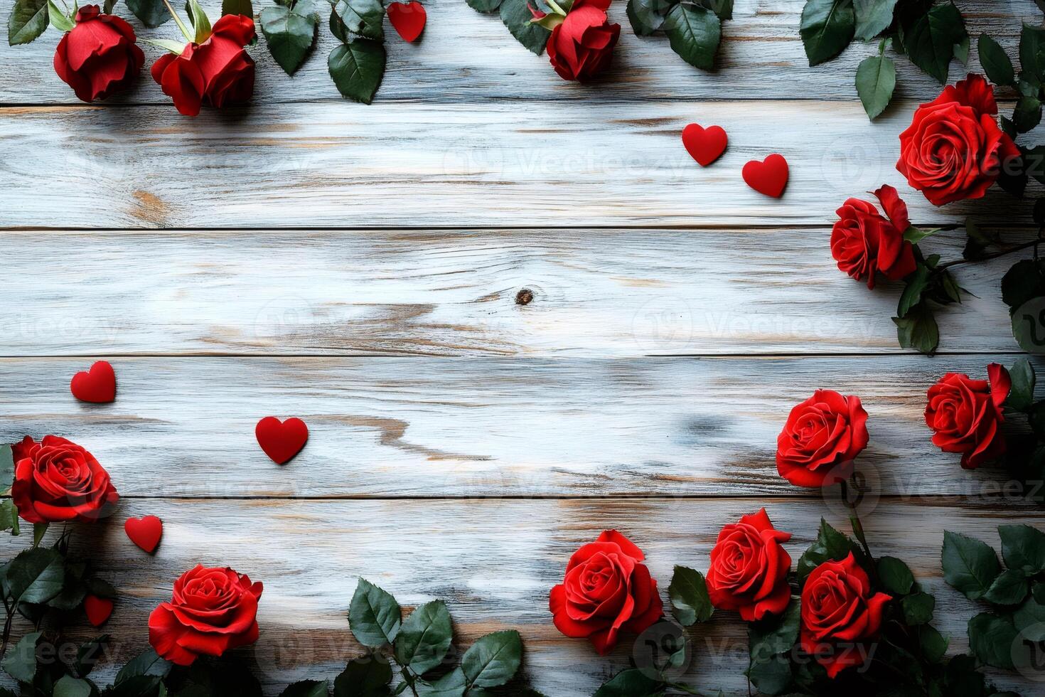 Red roses and hearts framing rustic wooden background for valentine's day photo