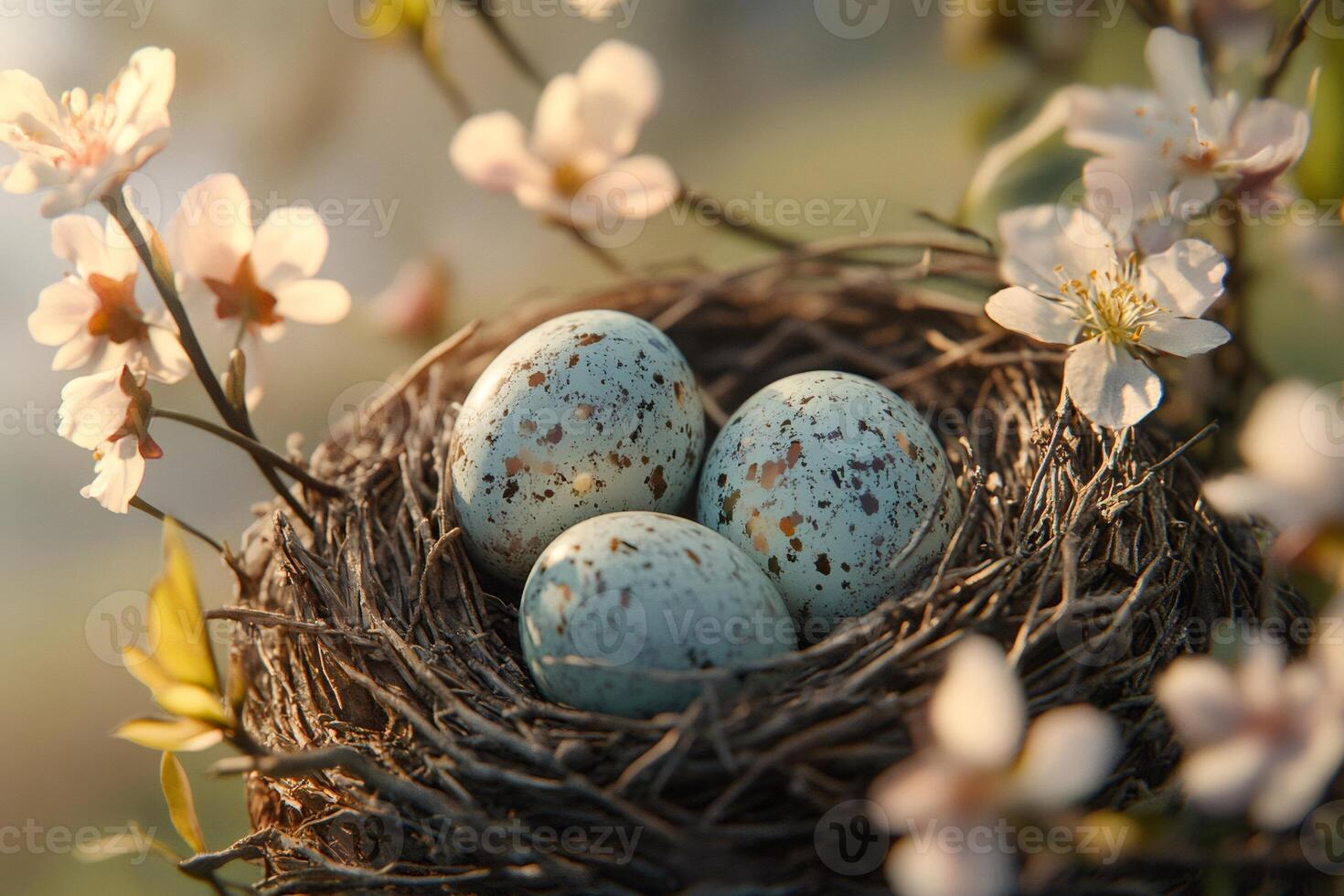 Three speckled eggs resting in bird nest amidst blossoming branches photo