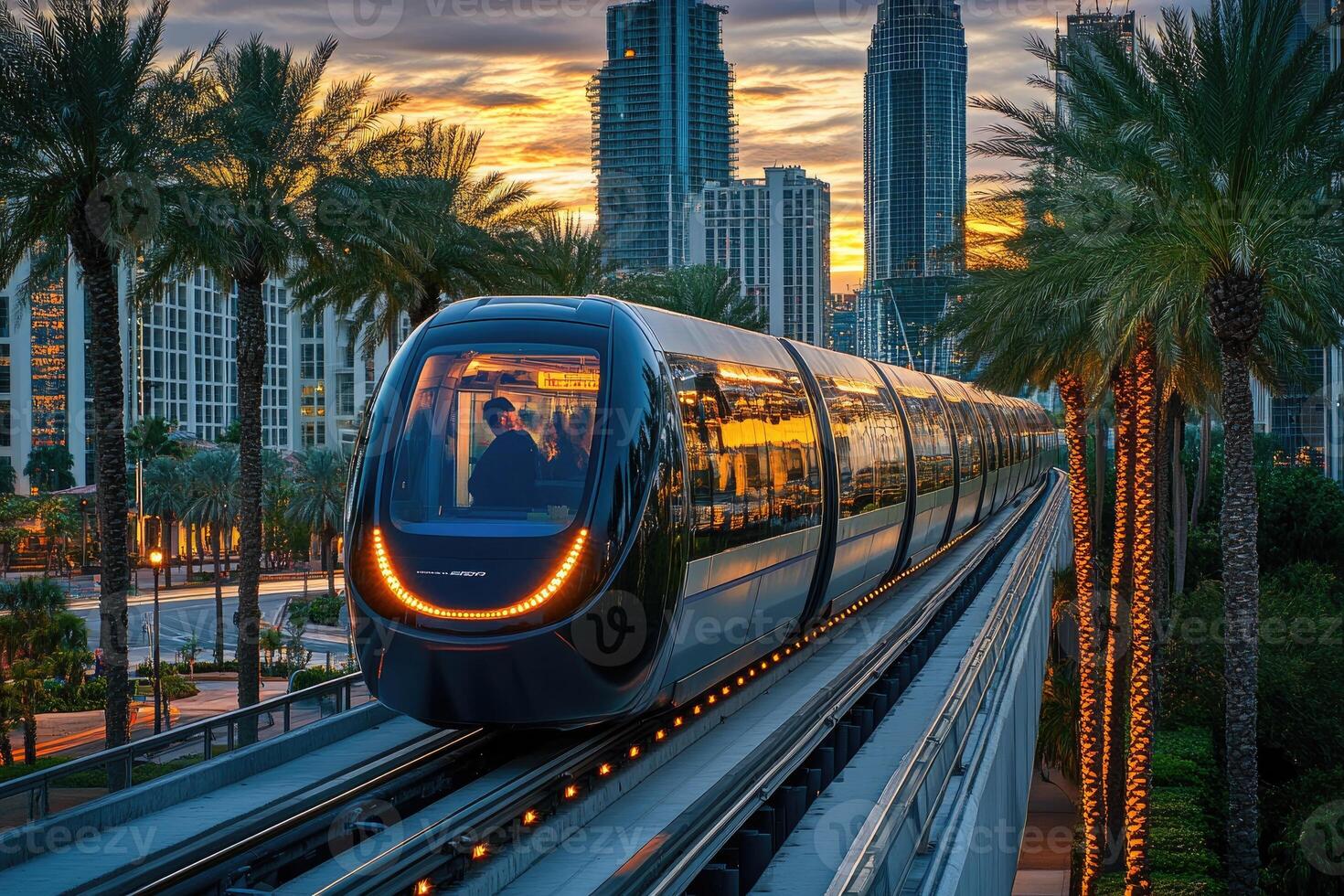 Modern elevated train moving through downtown miami at dusk photo