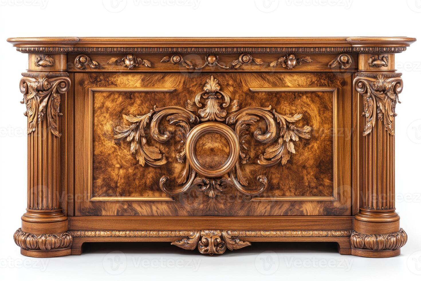 Elegant wooden commode showing intricate carvings and luxurious design photo