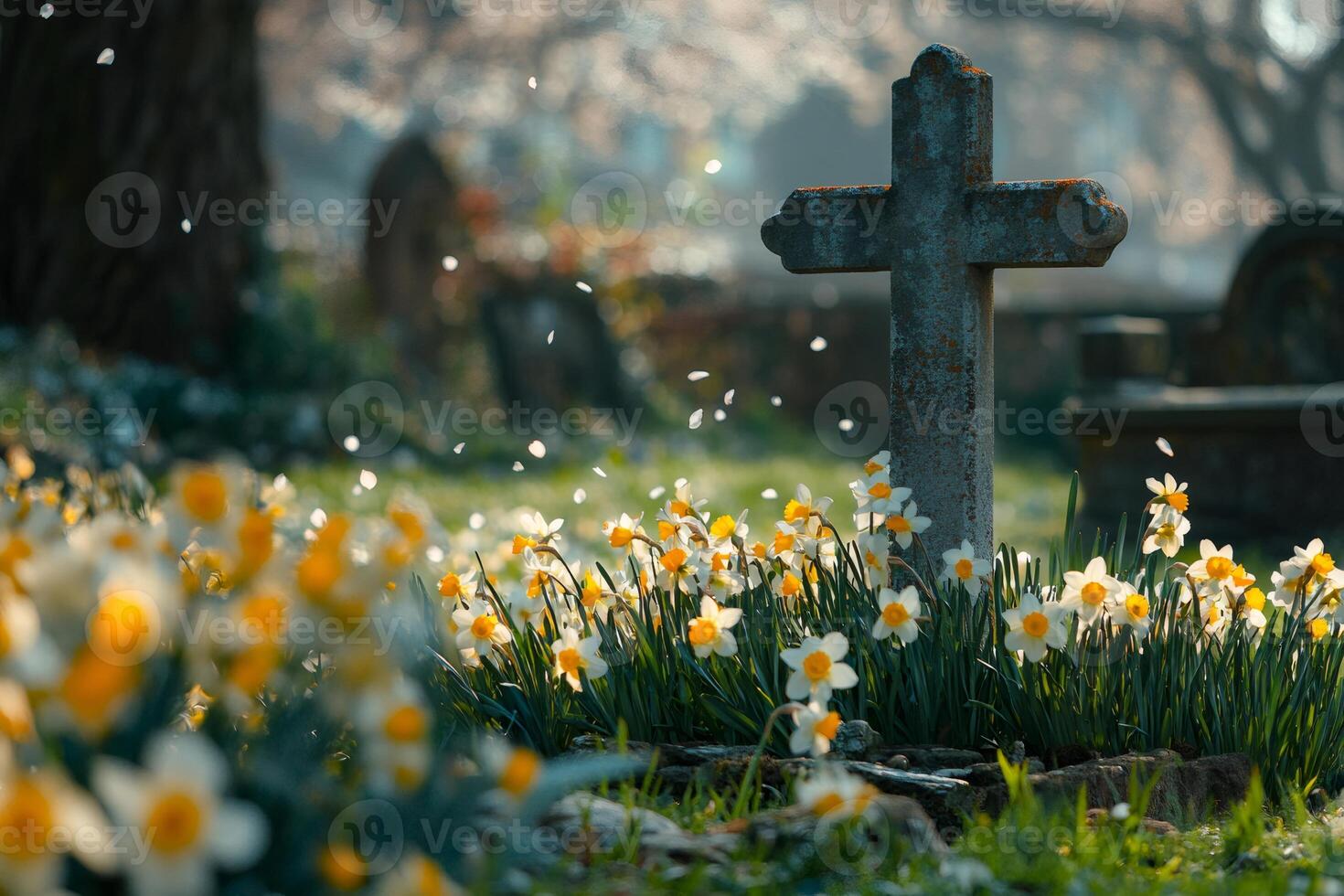 White daffodils growing by a cross shaped headstone in a cemetery during spring photo