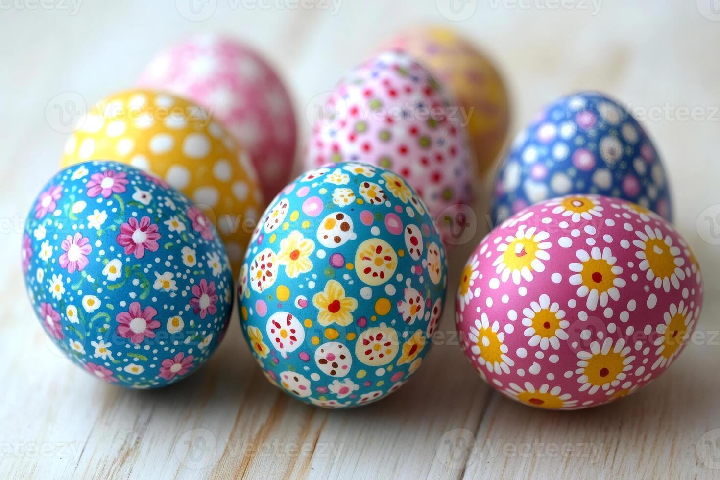 Colorful easter eggs decorated with flowers and dots resting on white wooden table photo