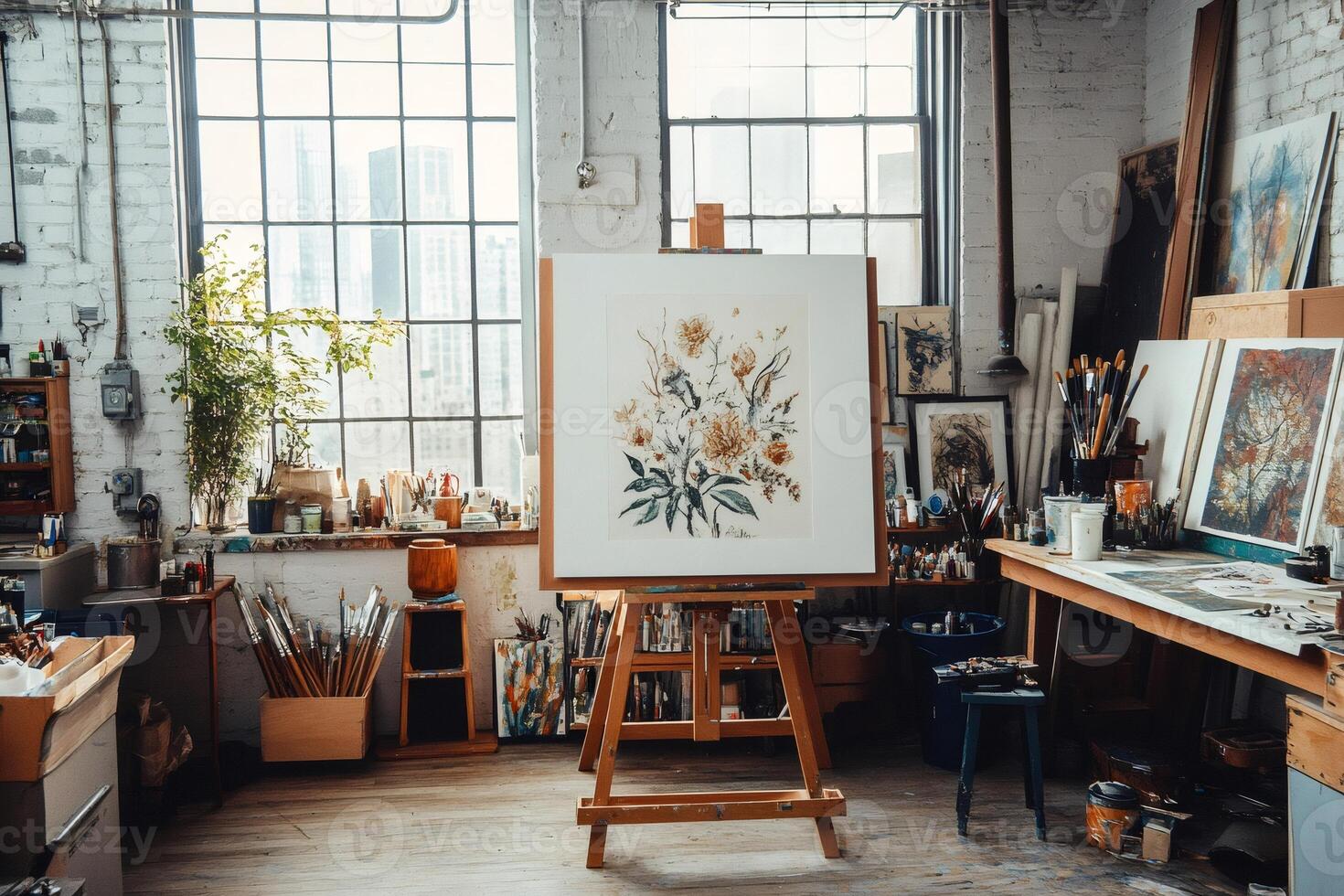 Painting on easel stands in artist's messy studio with city view photo