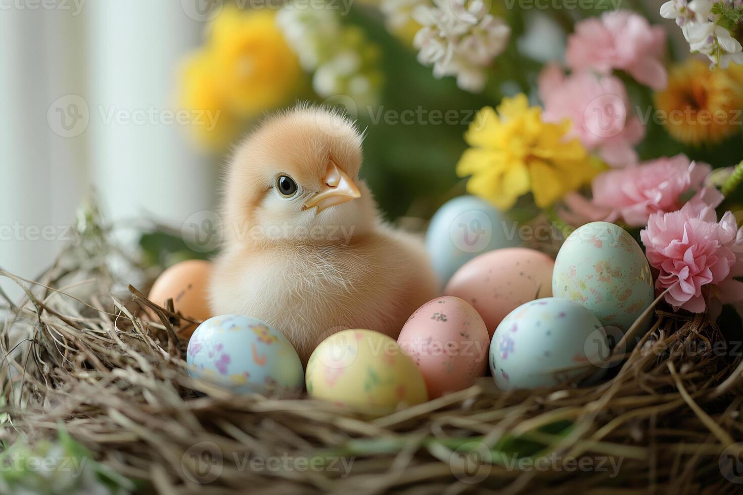 Cute baby chick sitting in nest with easter eggs and flowers photo