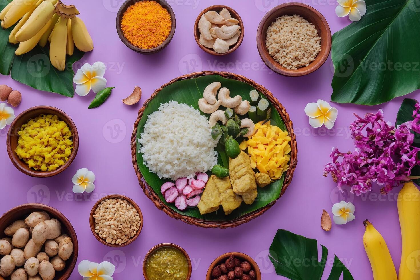 Balinese lawar vegetarian meal with rice, vegetables, cashews, and spices on purple background photo
