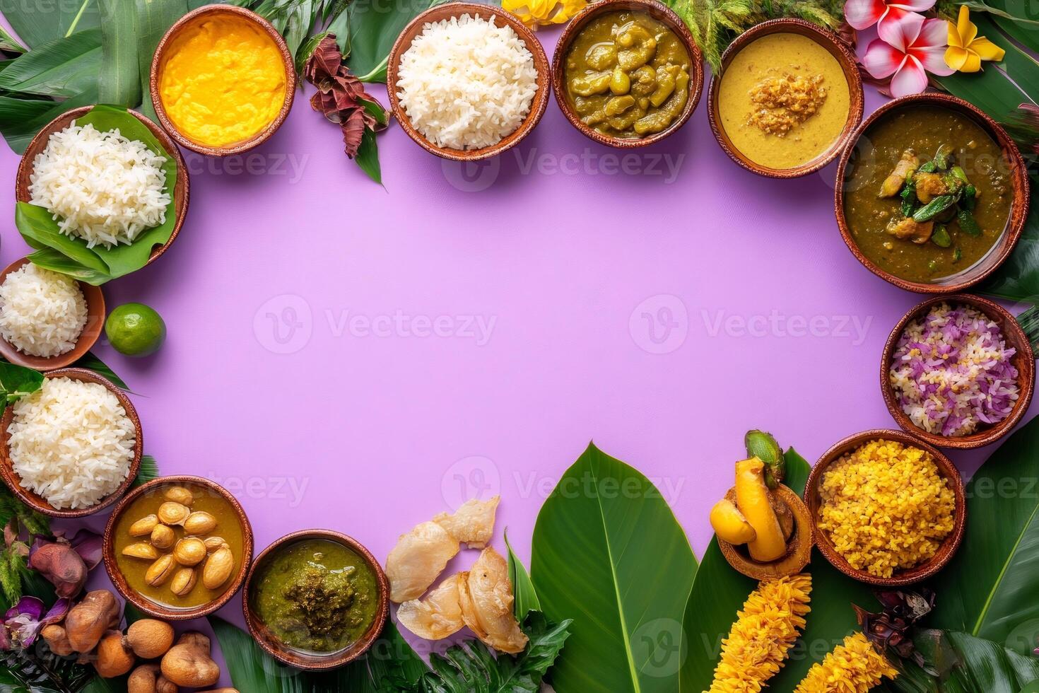 Assortment of delicious thai dishes arranged on a vibrant purple background with tropical leaves photo