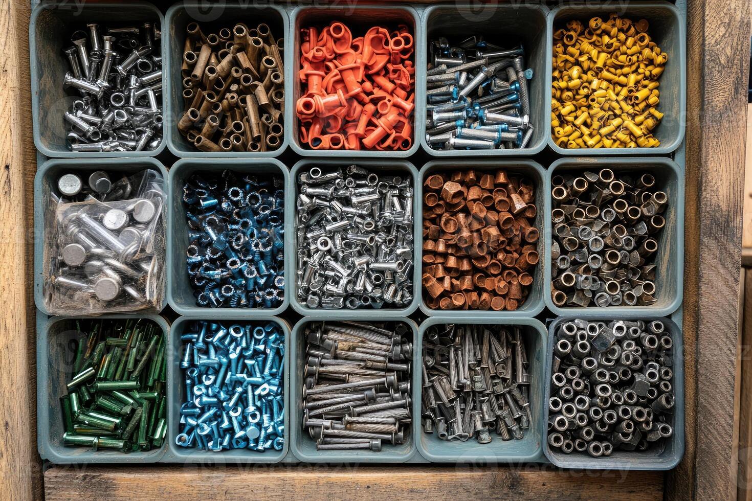 Hardware store organizing small metal parts in blue and grey plastic containers photo