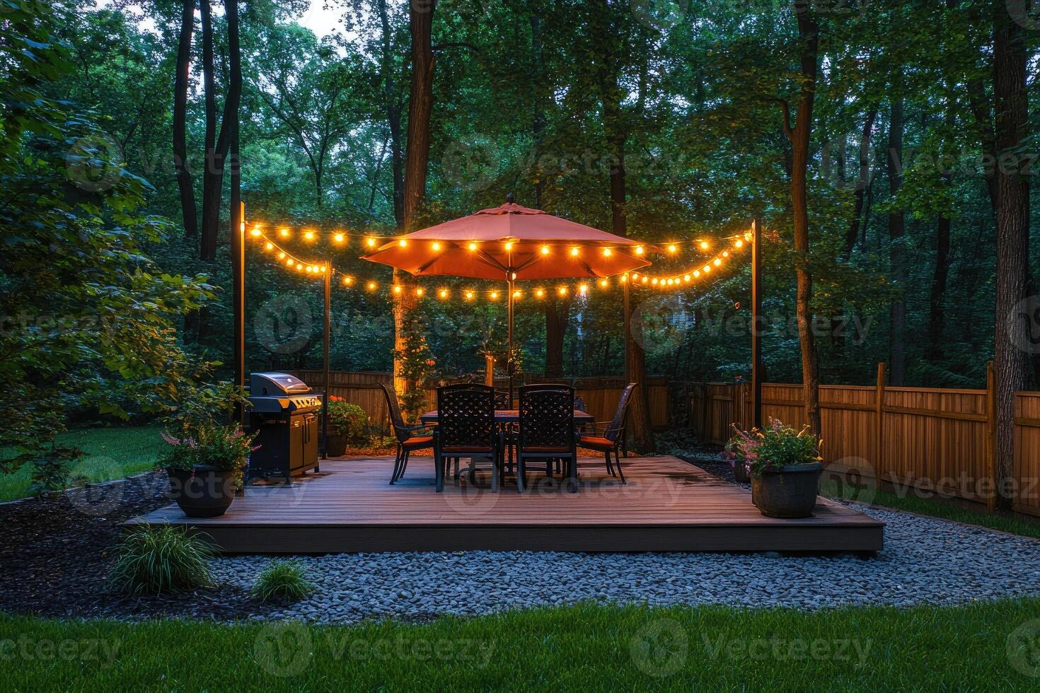 Backyard patio with string lights illuminating dining area at dusk photo