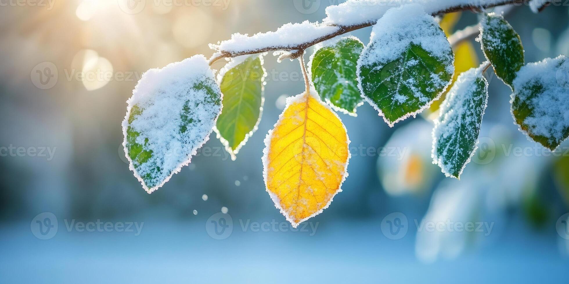Colorful autumn leaves covered with first snow at sunset creating winter wonderland photo