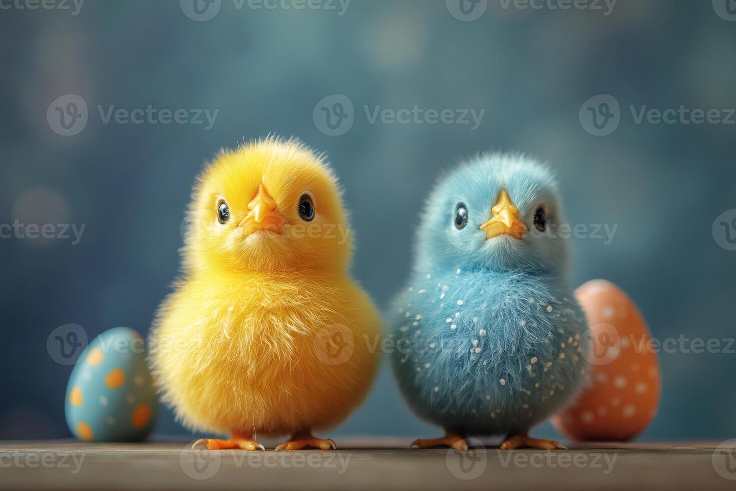 Two colorful chicks posing with easter eggs celebrating spring festivities photo
