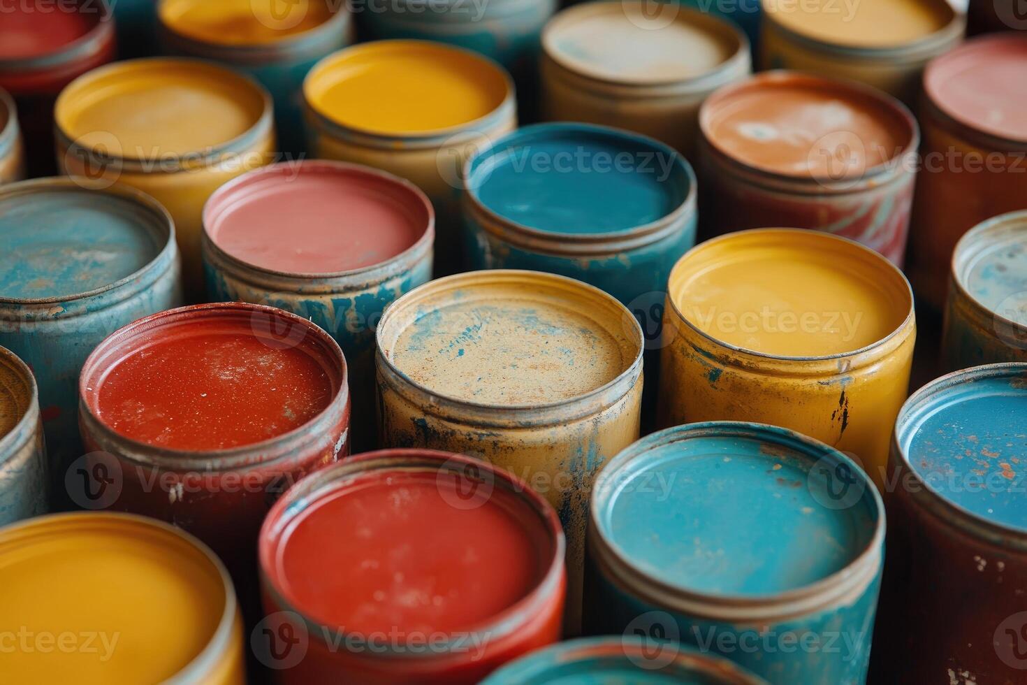 Colorful paint cans creating a vibrant and artistic display. photo