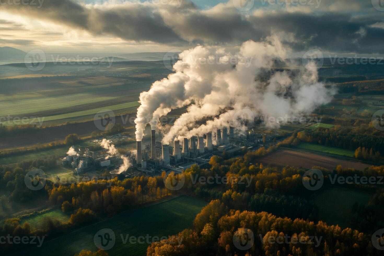 Power plant emitting smoke and steam into atmosphere at sunset photo
