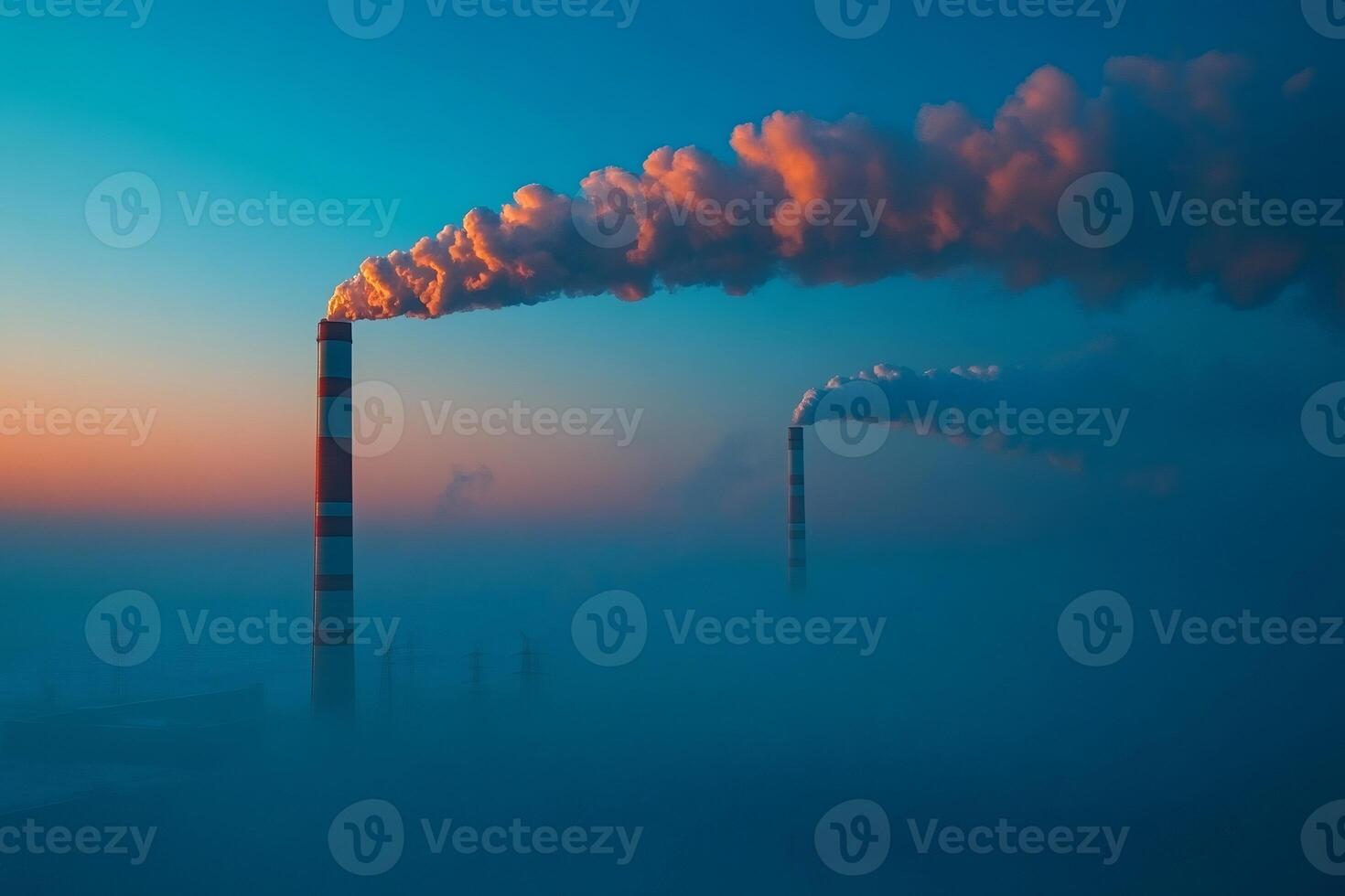 Power plant cooling towers emitting smoke at sunset, air pollution concept photo