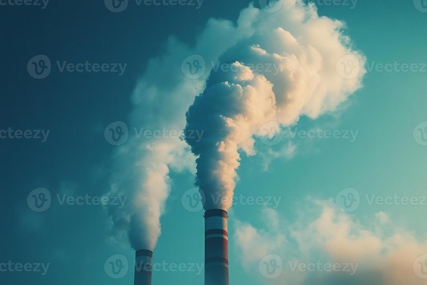 Two industrial smokestacks emitting smoke into the atmosphere photo