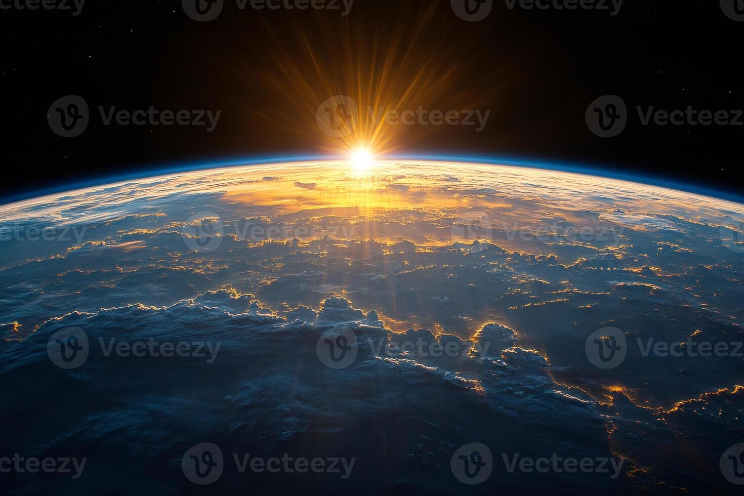Sunrise illuminating earth's atmosphere and clouds from space photo
