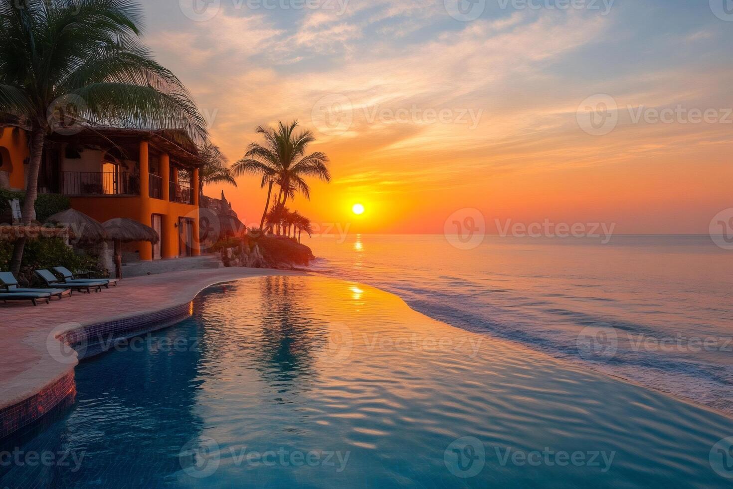 Infinity pool overlooking tropical ocean at sunset with palm trees and resort hotel photo