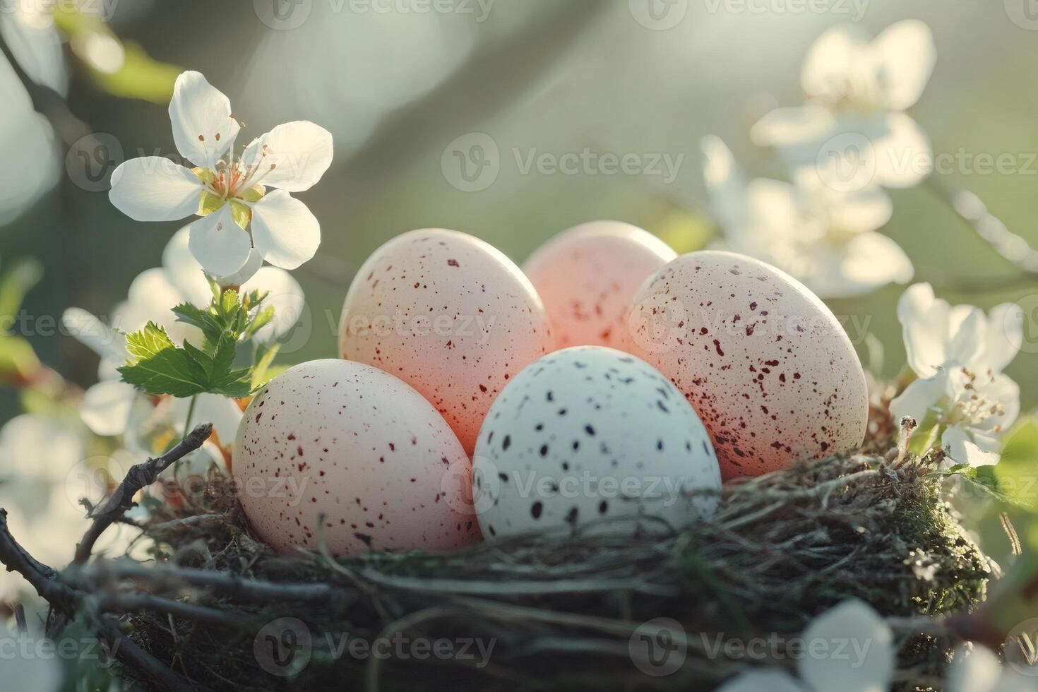 Easter eggs resting in a bird nest among blooming flowers photo
