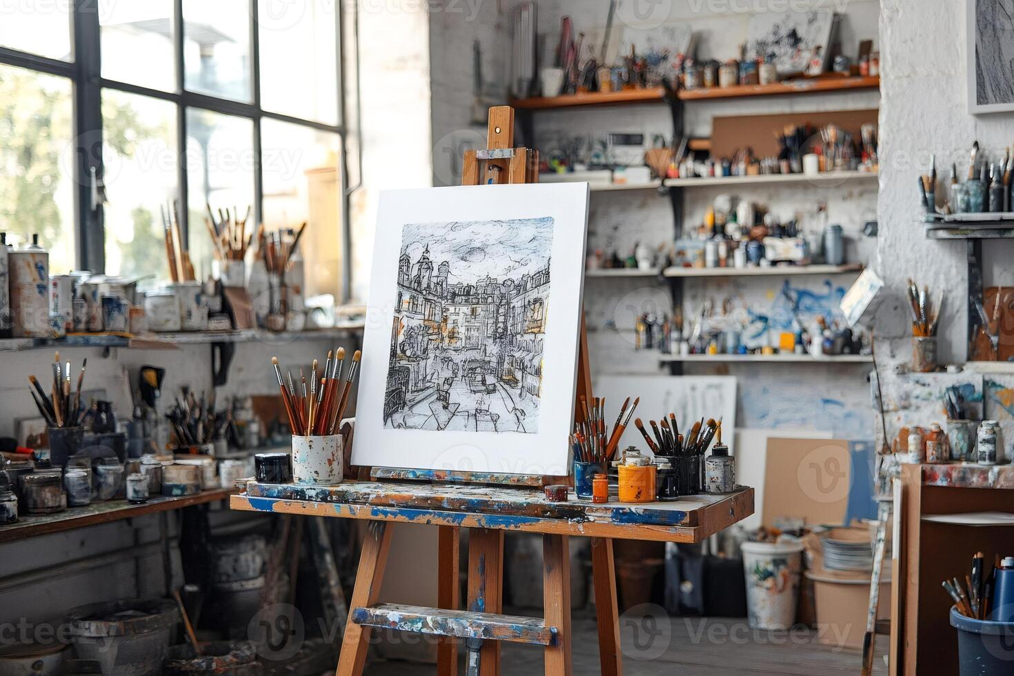 Painting on easel stands in messy art studio with paintbrushes and supplies photo